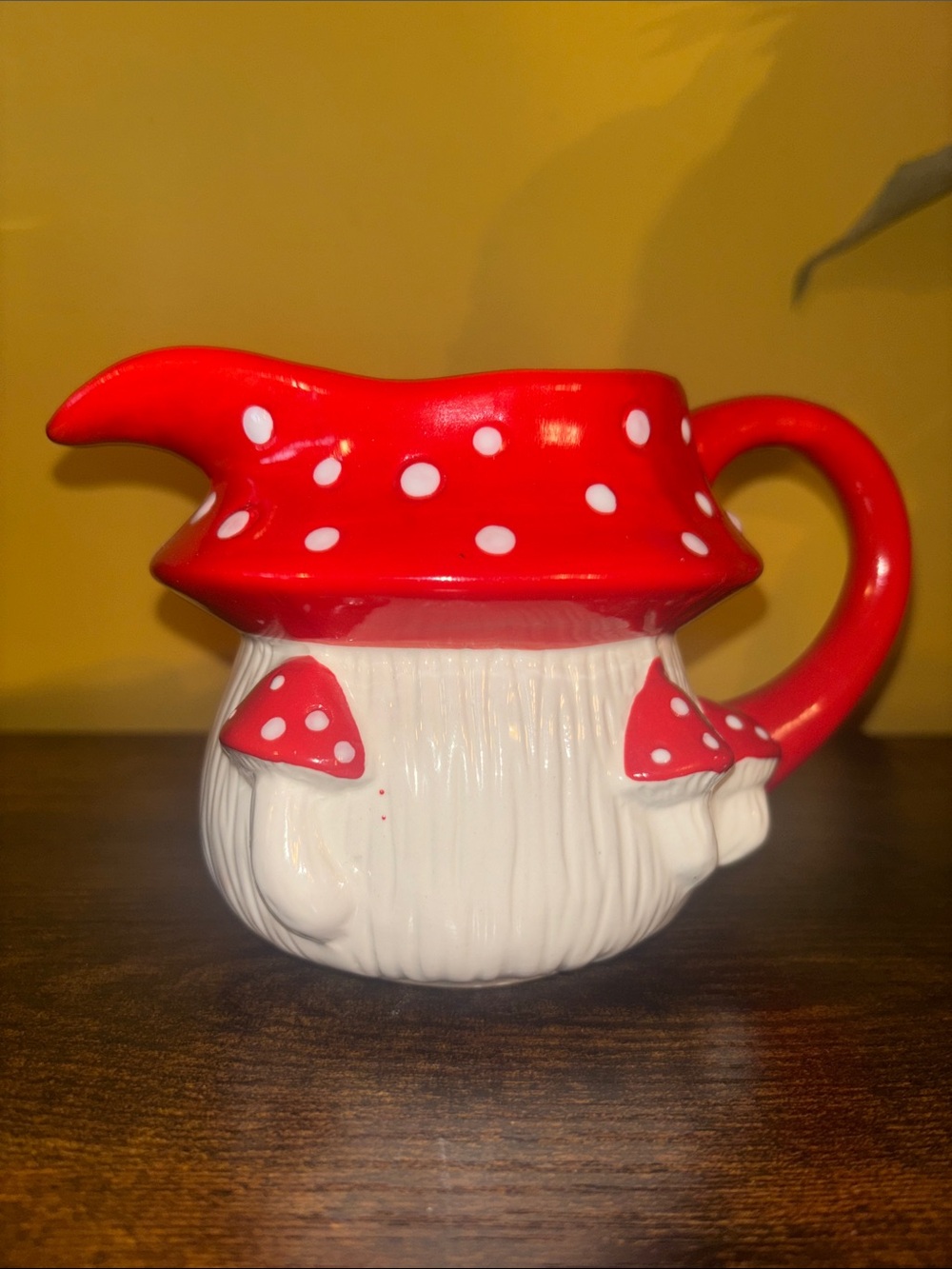 Vintage Red and White Mushroom Gnome Ceramic Pitcher